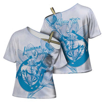 Personalized Louisiana Horse Racing Derby Cross Shoulder Shirt Magnolia Blossom Horseshoe Pastel Blue
