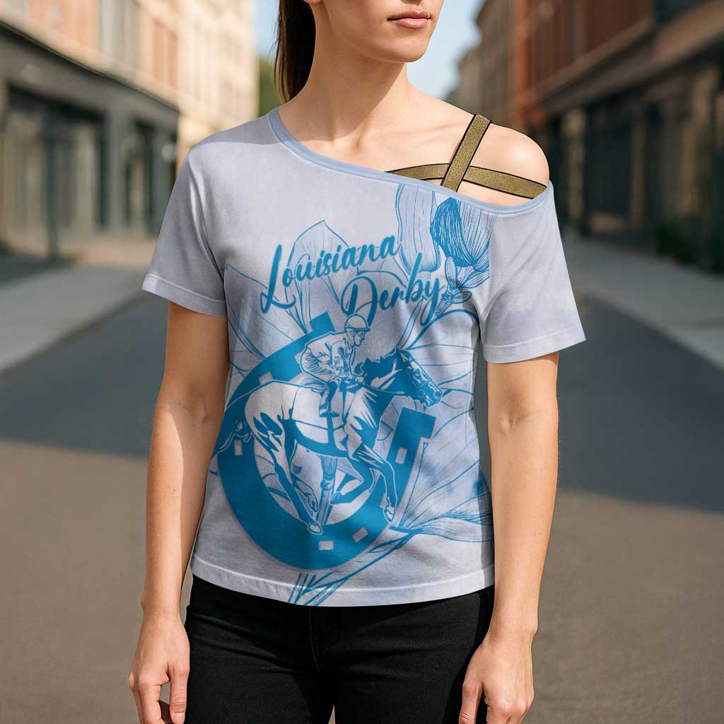 Personalized Louisiana Horse Racing Derby Cross Shoulder Shirt Magnolia Blossom Horseshoe Pastel Blue