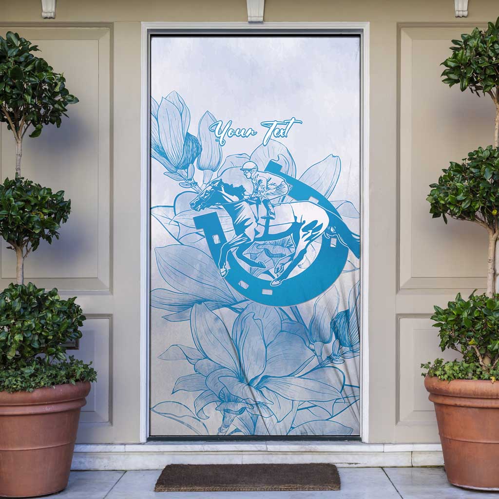 Personalized Louisiana Horse Racing Derby Door Cover Magnolia Blossom Horseshoe Pastel Blue