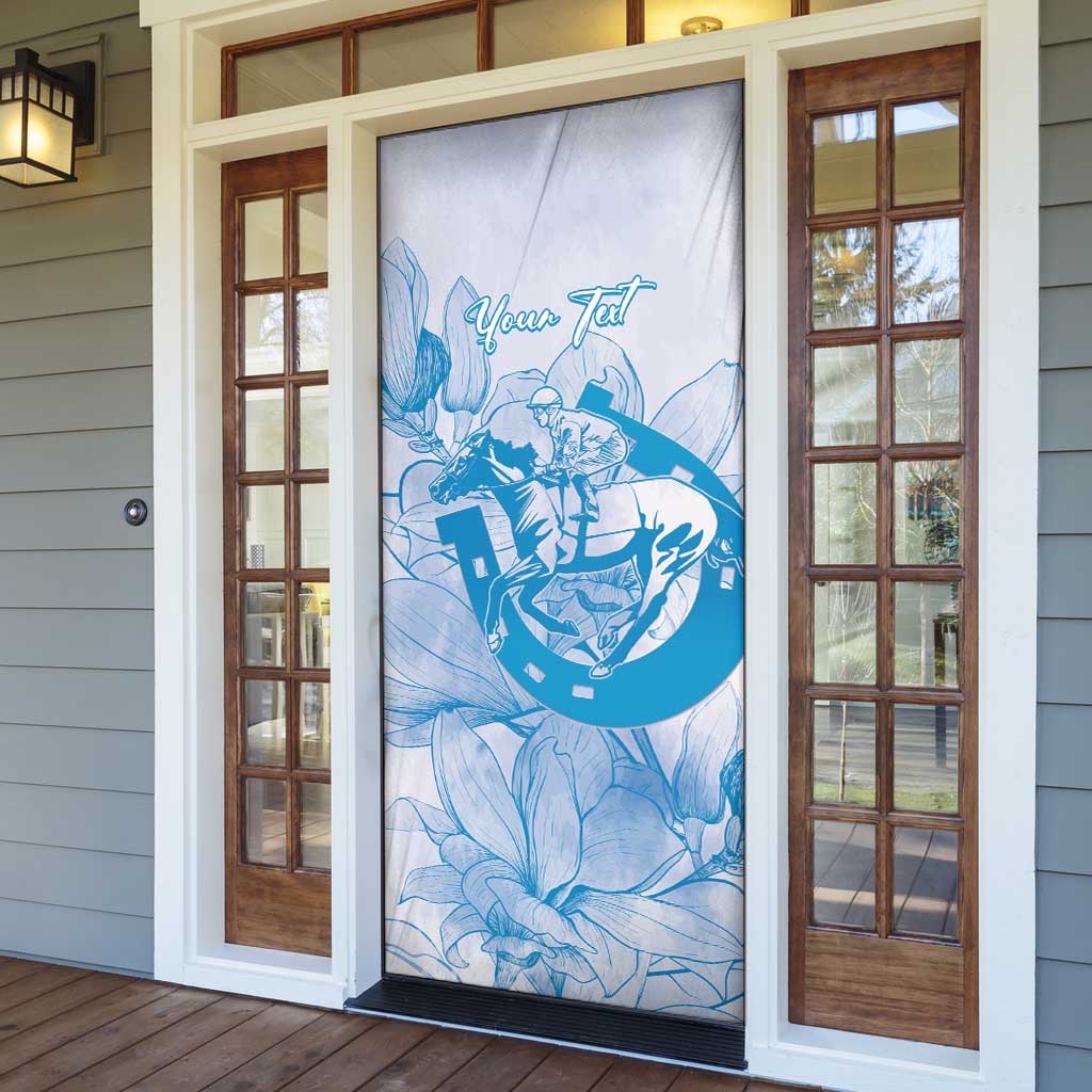 Personalized Louisiana Horse Racing Derby Door Cover Magnolia Blossom Horseshoe Pastel Blue