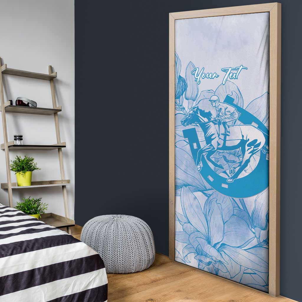 Personalized Louisiana Horse Racing Derby Door Cover Magnolia Blossom Horseshoe Pastel Blue
