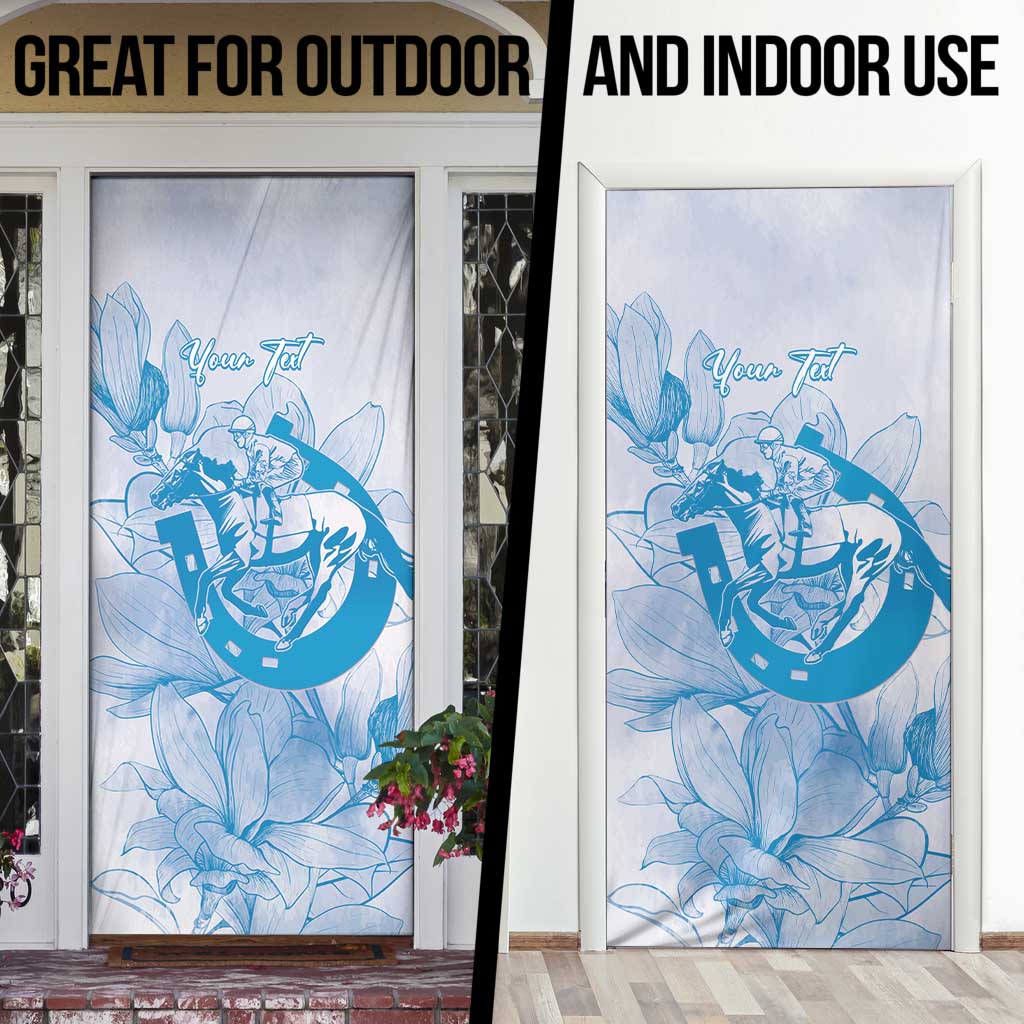 Personalized Louisiana Horse Racing Derby Door Cover Magnolia Blossom Horseshoe Pastel Blue