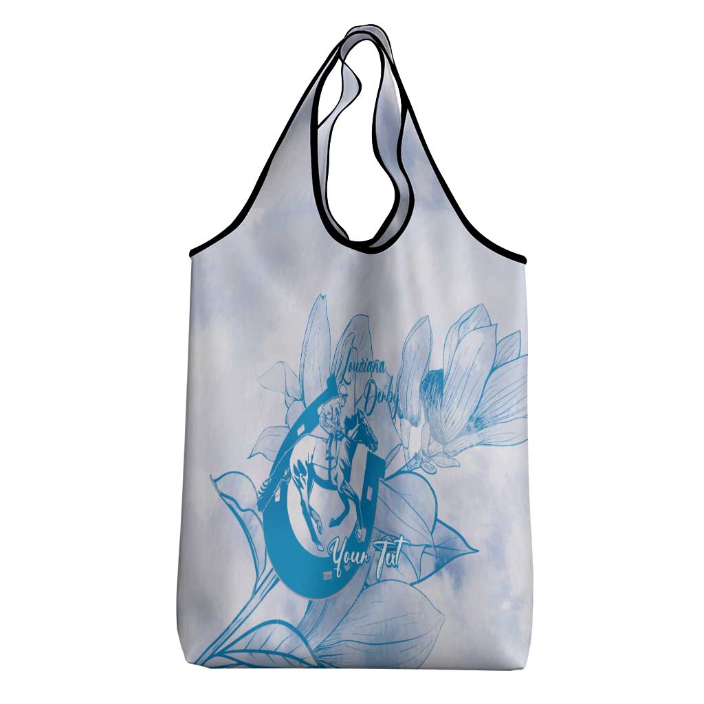 Personalized Louisiana Horse Racing Derby Grocery Bag Magnolia Blossom Horseshoe Pastel Blue