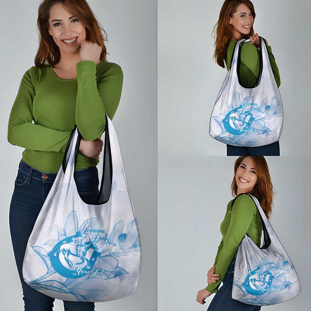 Personalized Louisiana Horse Racing Derby Grocery Bag Magnolia Blossom Horseshoe Pastel Blue