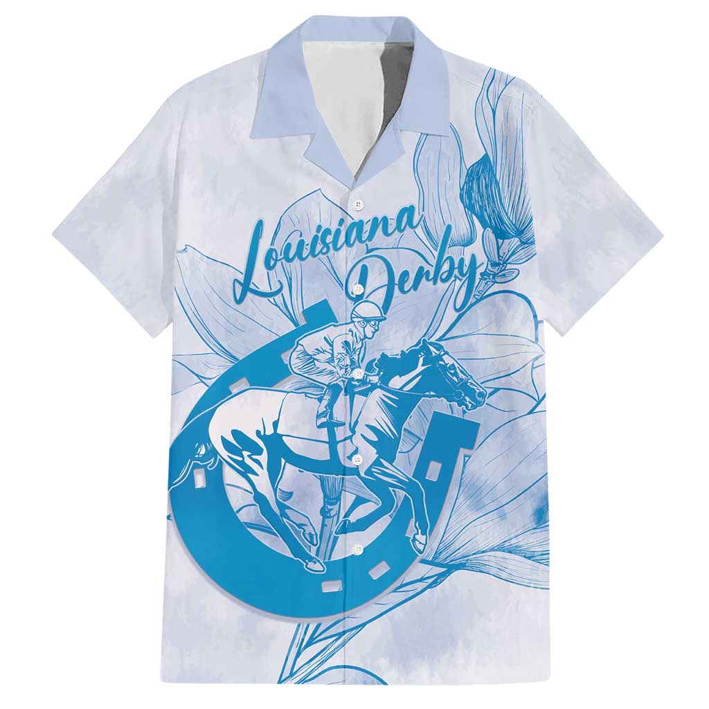 Personalized Louisiana Horse Racing Derby Hawaiian Shirt Magnolia Blossom Horseshoe Pastel Blue