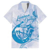Personalized Louisiana Horse Racing Derby Hawaiian Shirt Magnolia Blossom Horseshoe Pastel Blue