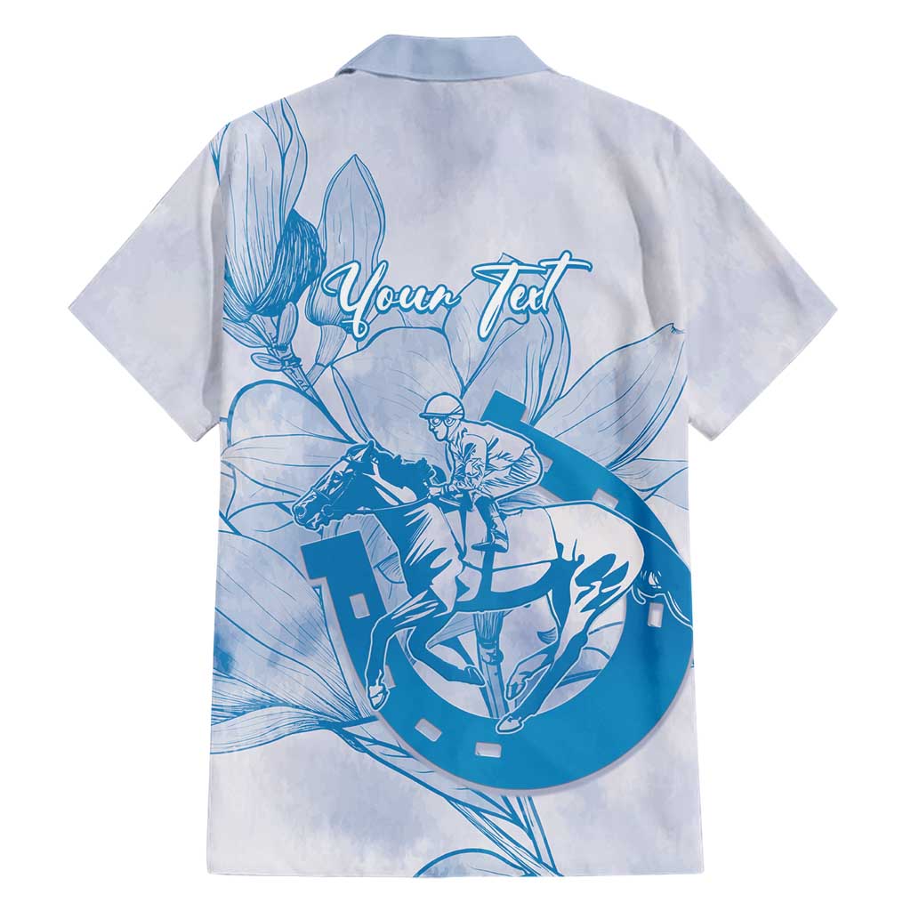 Personalized Louisiana Horse Racing Derby Hawaiian Shirt Magnolia Blossom Horseshoe Pastel Blue
