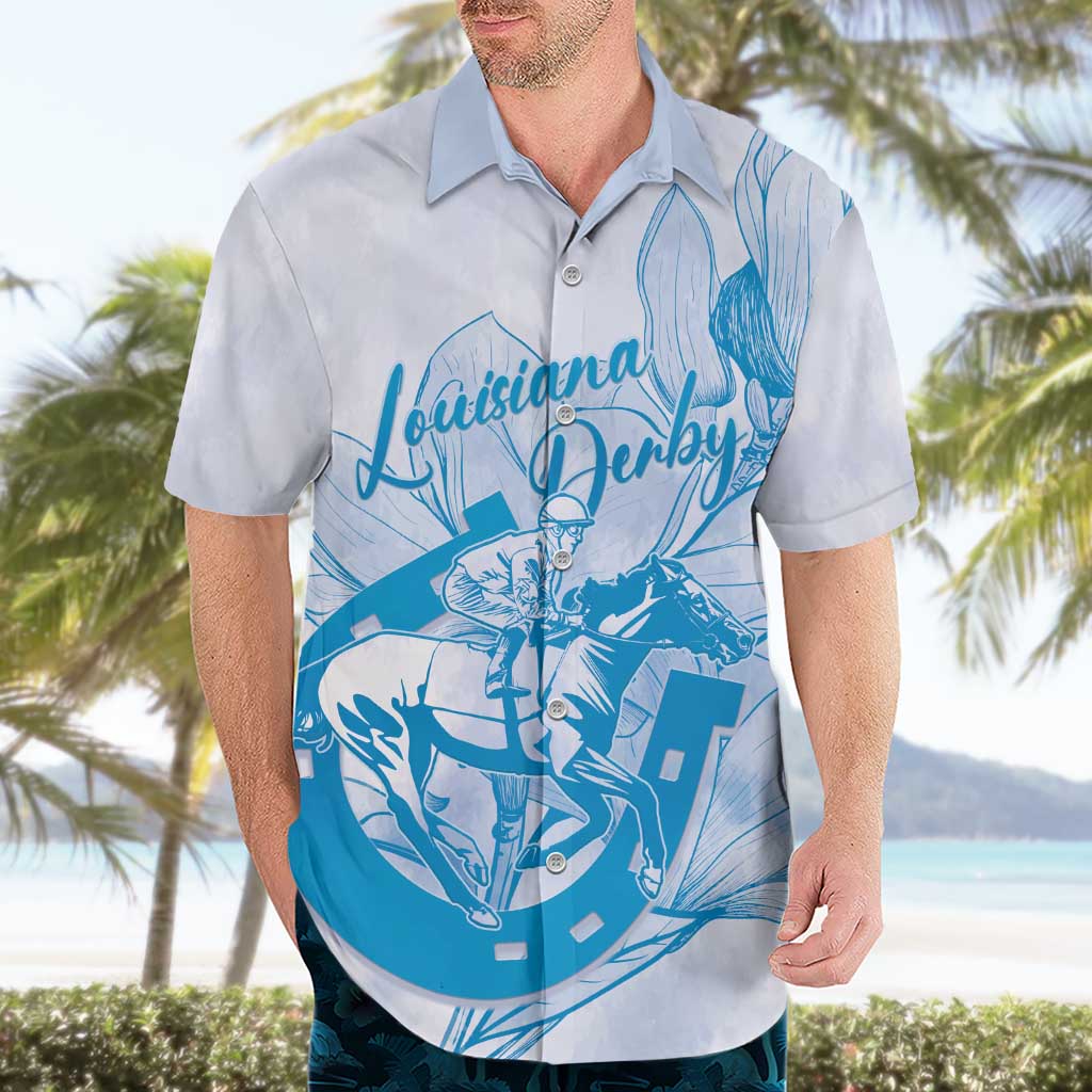 Personalized Louisiana Horse Racing Derby Hawaiian Shirt Magnolia Blossom Horseshoe Pastel Blue