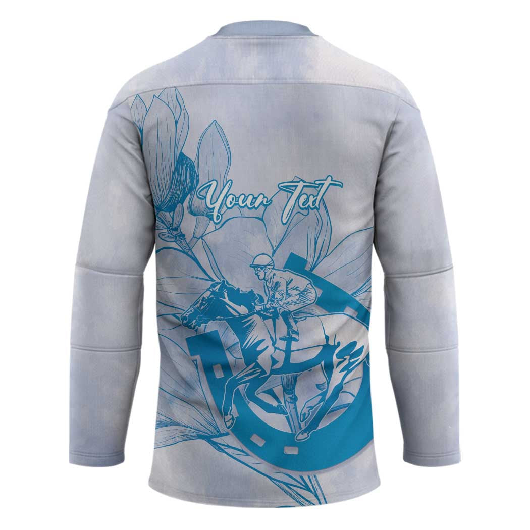 Personalized Louisiana Horse Racing Derby Hockey Jersey Magnolia Blossom Horseshoe Pastel Blue