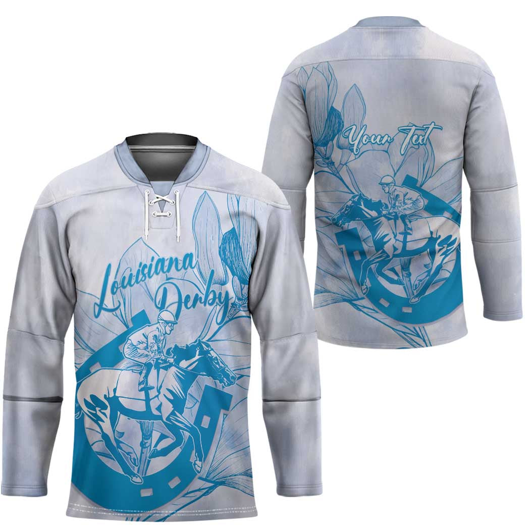 Personalized Louisiana Horse Racing Derby Hockey Jersey Magnolia Blossom Horseshoe Pastel Blue