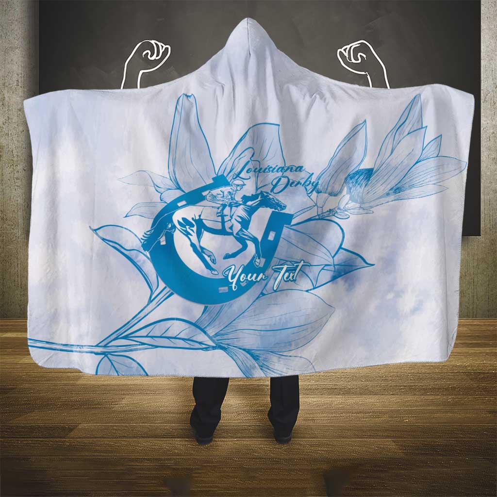 Personalized Louisiana Horse Racing Derby Hooded Blanket Magnolia Blossom Horseshoe Pastel Blue