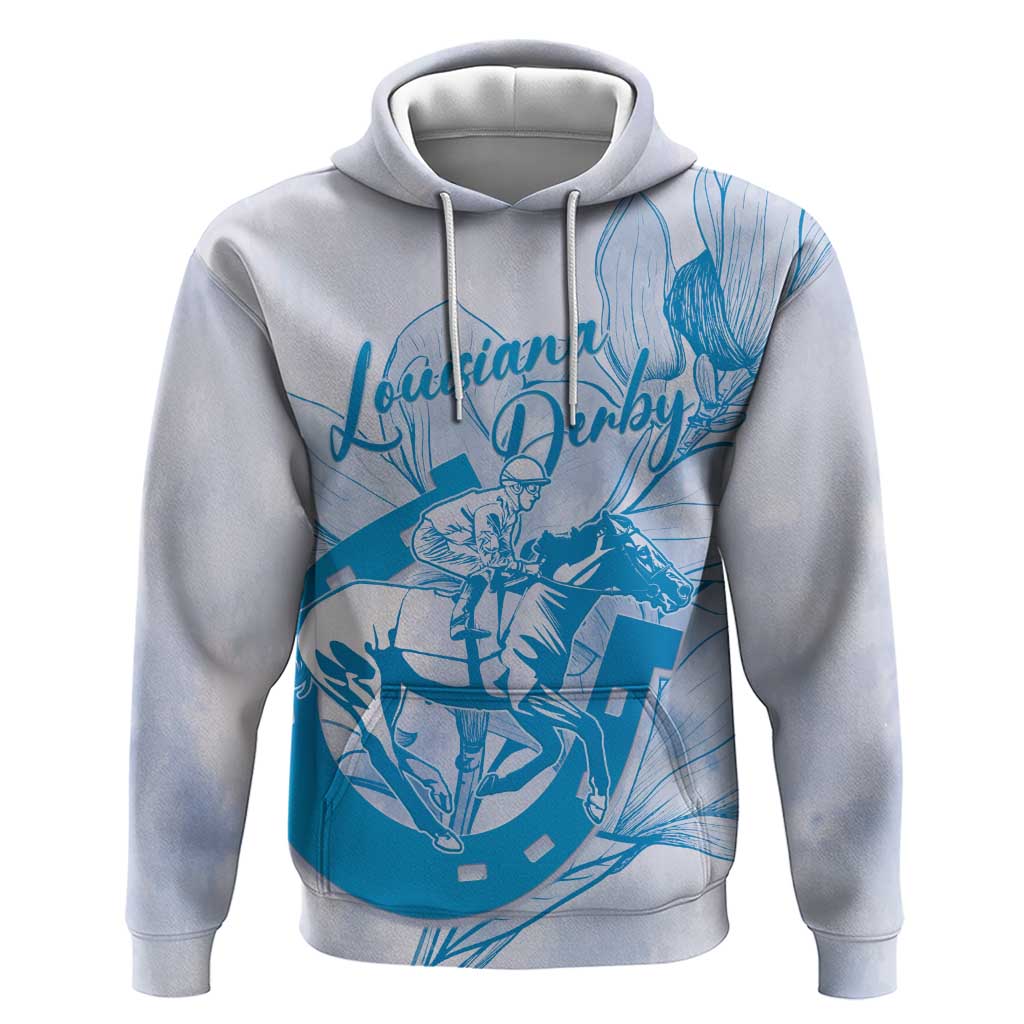 Personalized Louisiana Horse Racing Derby Hoodie Magnolia Blossom Horseshoe Pastel Blue