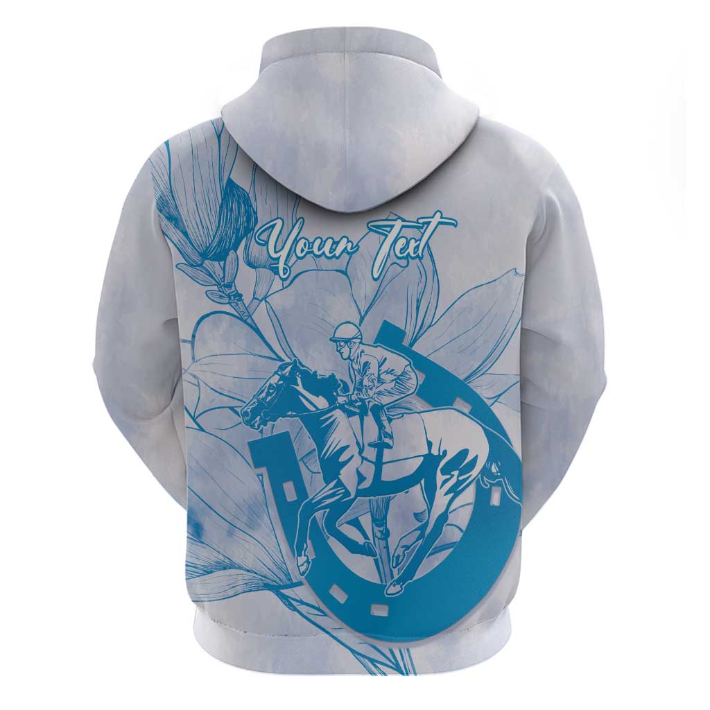 Personalized Louisiana Horse Racing Derby Hoodie Magnolia Blossom Horseshoe Pastel Blue