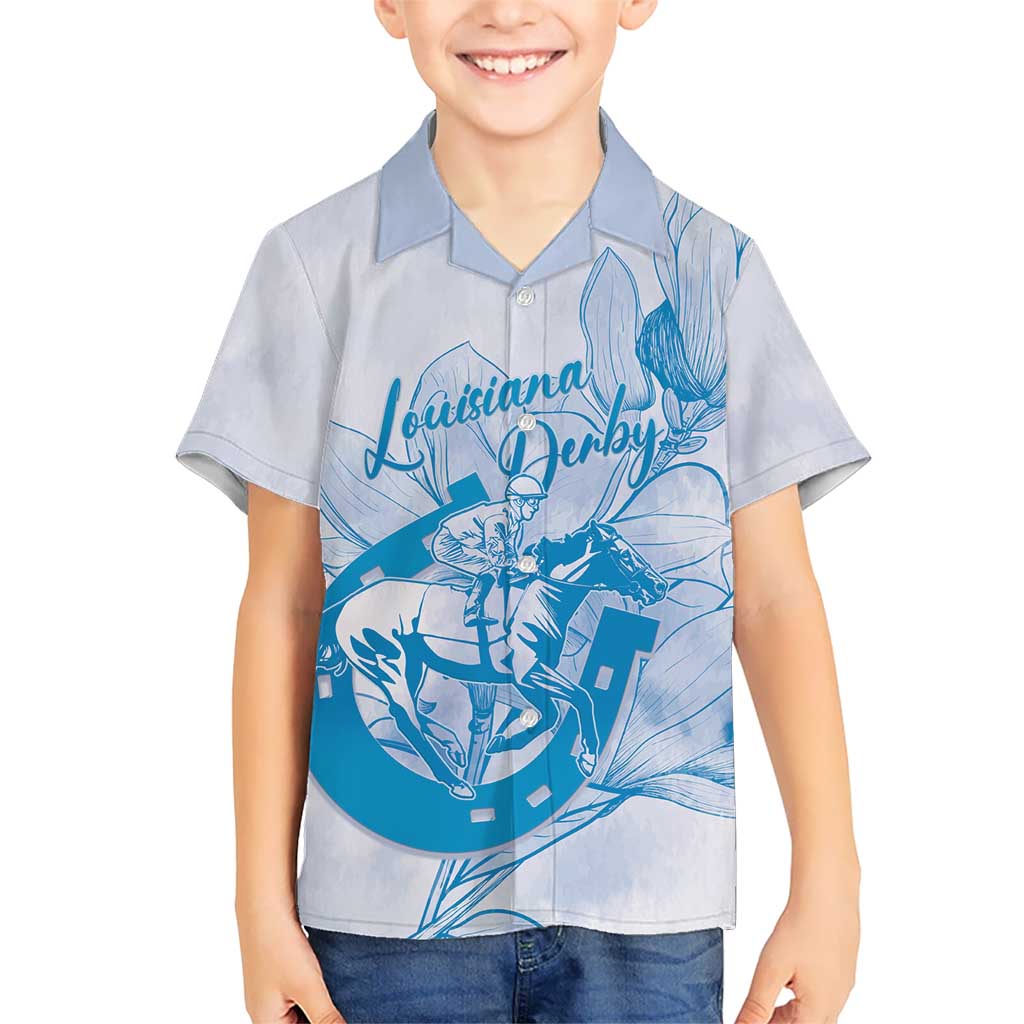 Personalized Louisiana Horse Racing Derby Kid Hawaiian Shirt Magnolia Blossom Horseshoe Pastel Blue