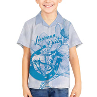 Personalized Louisiana Horse Racing Derby Kid Hawaiian Shirt Magnolia Blossom Horseshoe Pastel Blue