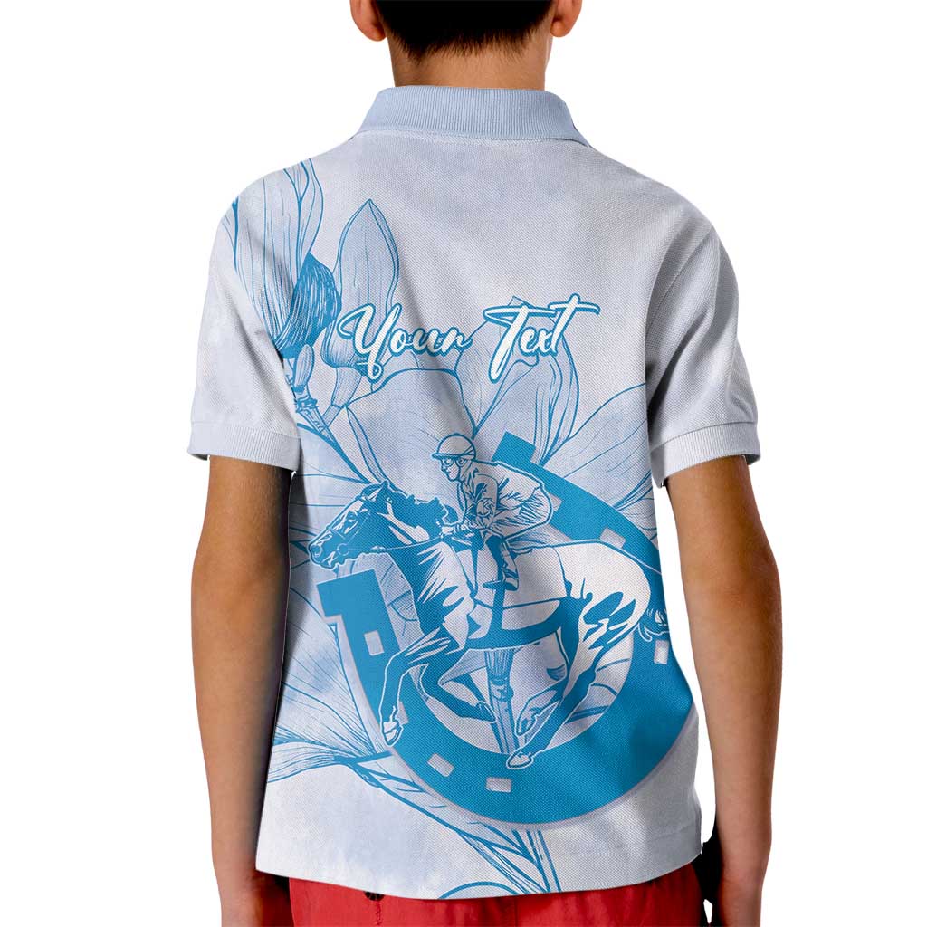 Personalized Louisiana Horse Racing Derby Kid Polo Shirt Magnolia Blossom Horseshoe Pastel Blue