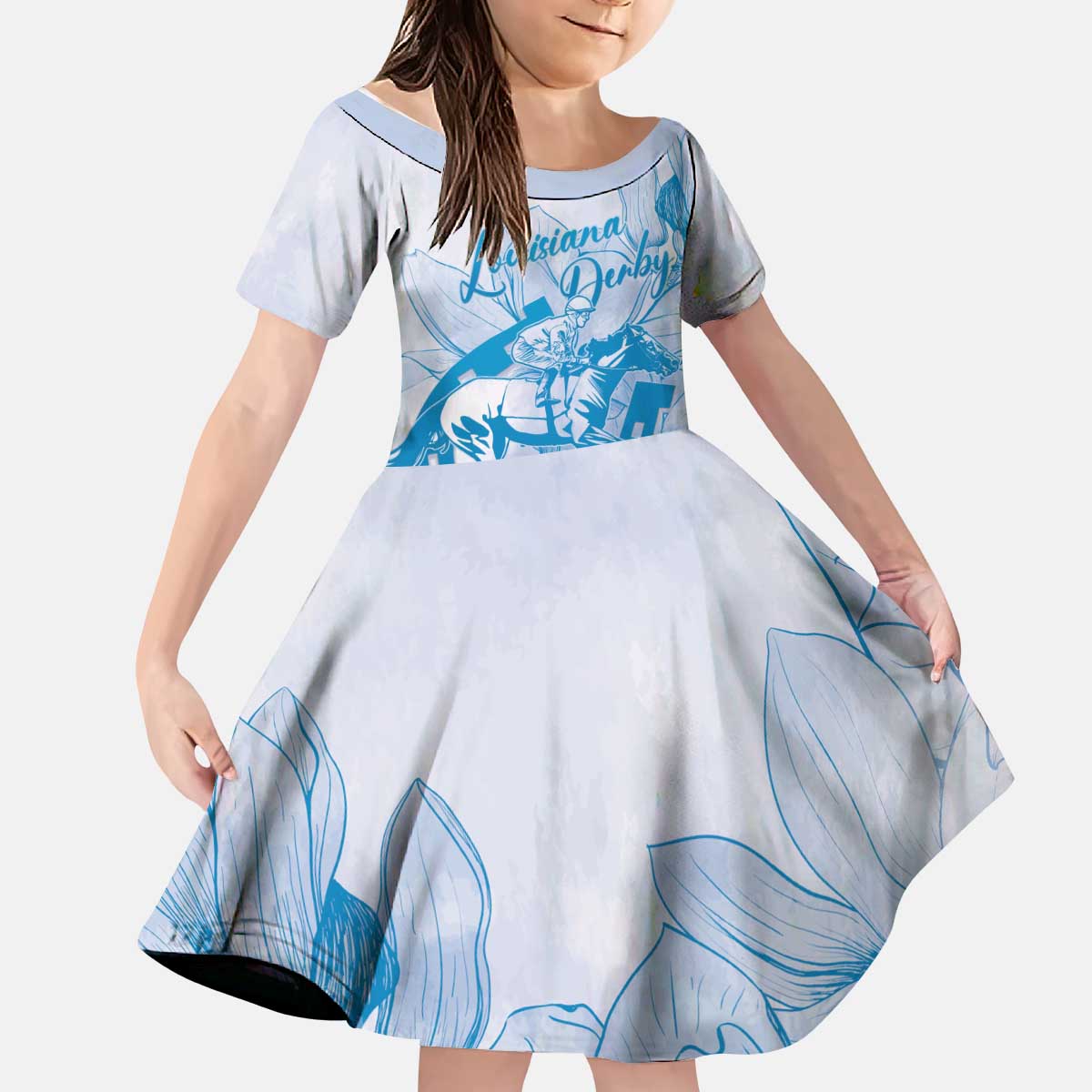 Personalized Louisiana Horse Racing Derby Kid Short Sleeve Dress Magnolia Blossom Horseshoe Pastel Blue