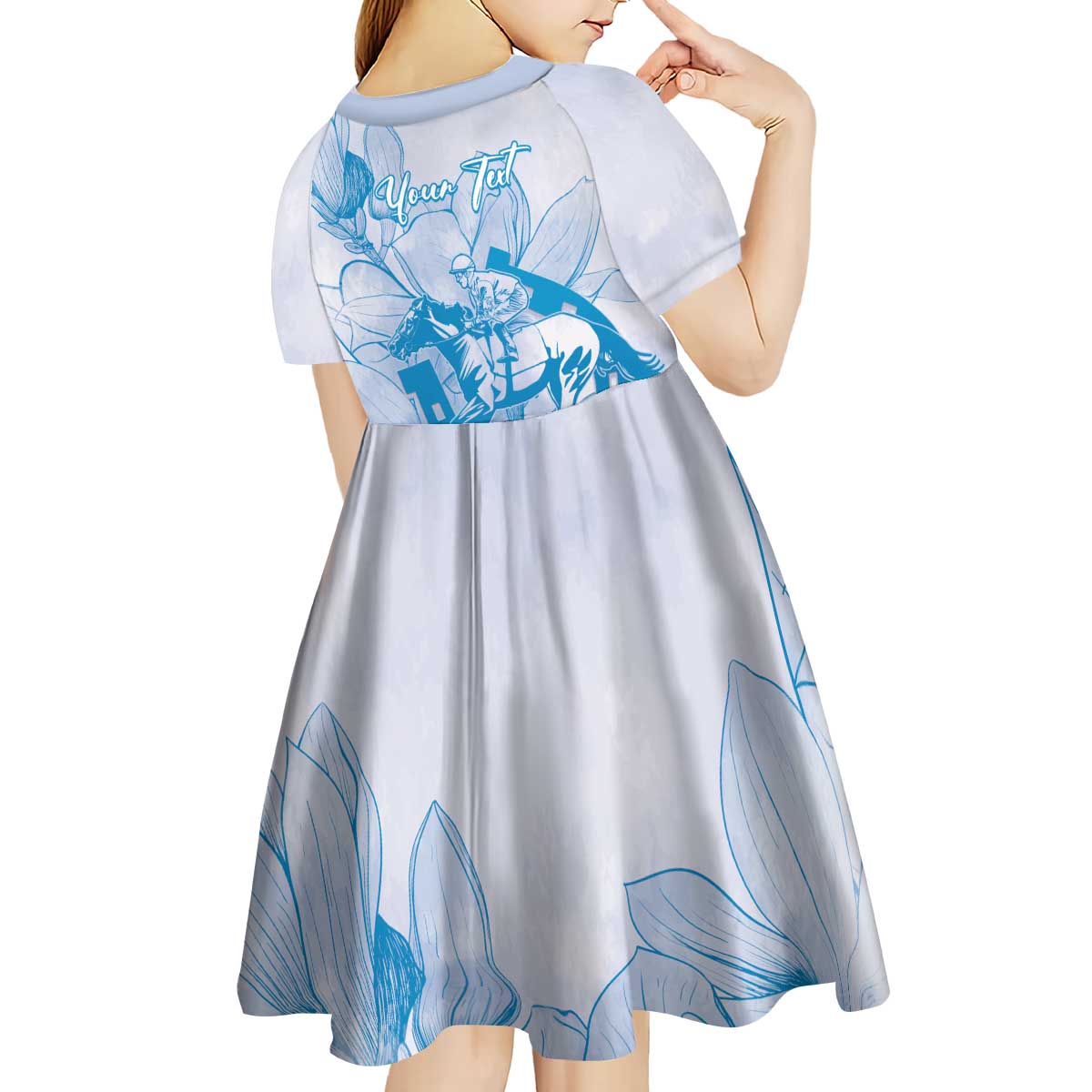 Personalized Louisiana Horse Racing Derby Kid Short Sleeve Dress Magnolia Blossom Horseshoe Pastel Blue