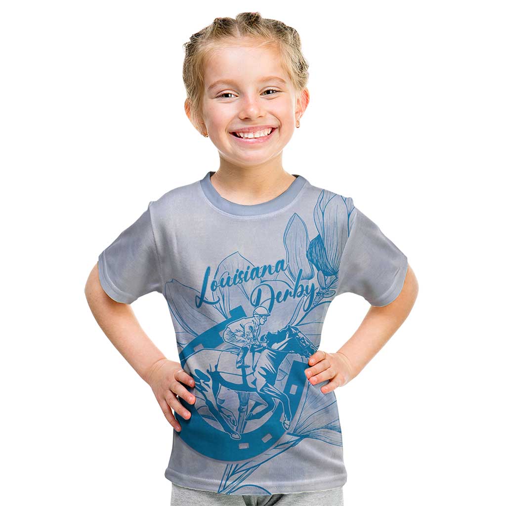 Personalized Louisiana Horse Racing Derby Kid T Shirt Magnolia Blossom Horseshoe Pastel Blue