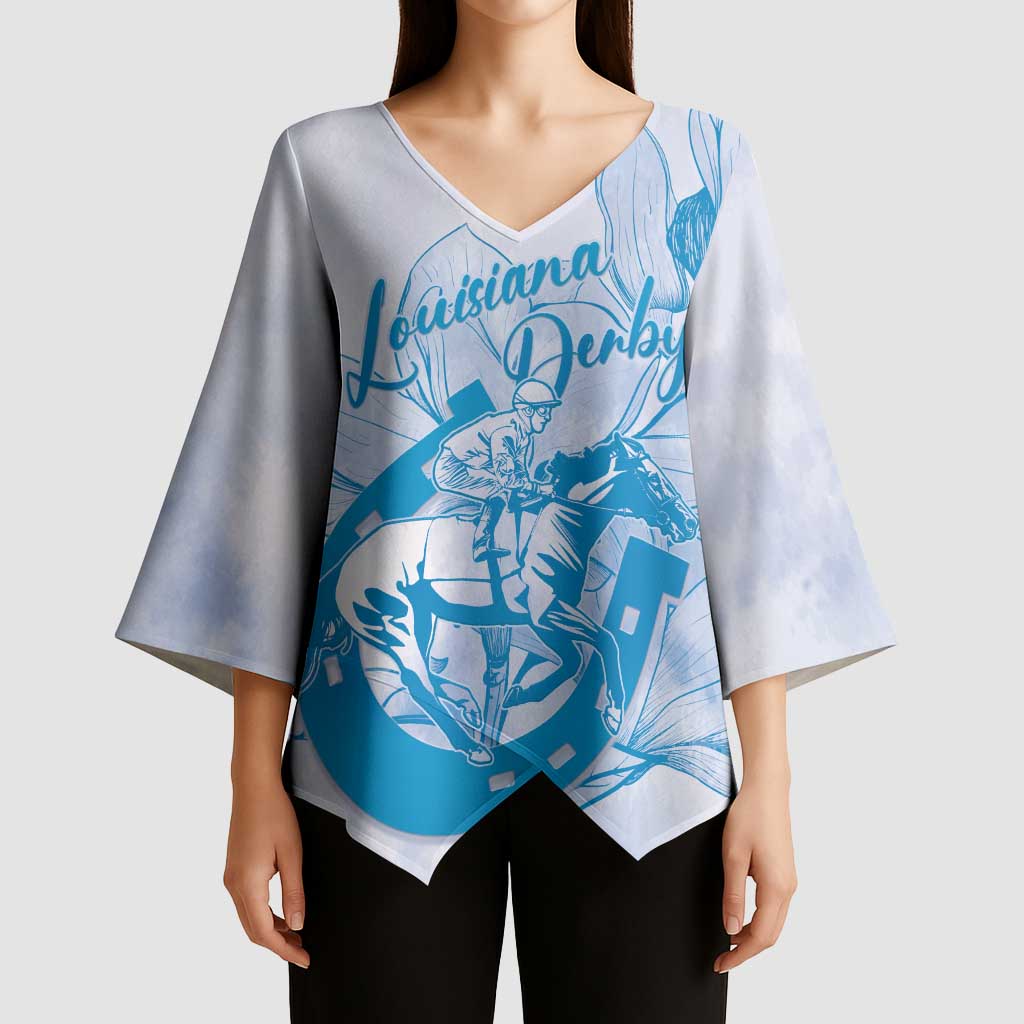 Personalized Louisiana Horse Racing Derby Kimono Sleeve Blouse Magnolia Blossom Horseshoe Pastel Blue