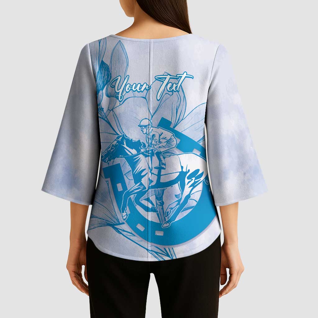 Personalized Louisiana Horse Racing Derby Kimono Sleeve Blouse Magnolia Blossom Horseshoe Pastel Blue