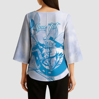 Personalized Louisiana Horse Racing Derby Kimono Sleeve Blouse Magnolia Blossom Horseshoe Pastel Blue