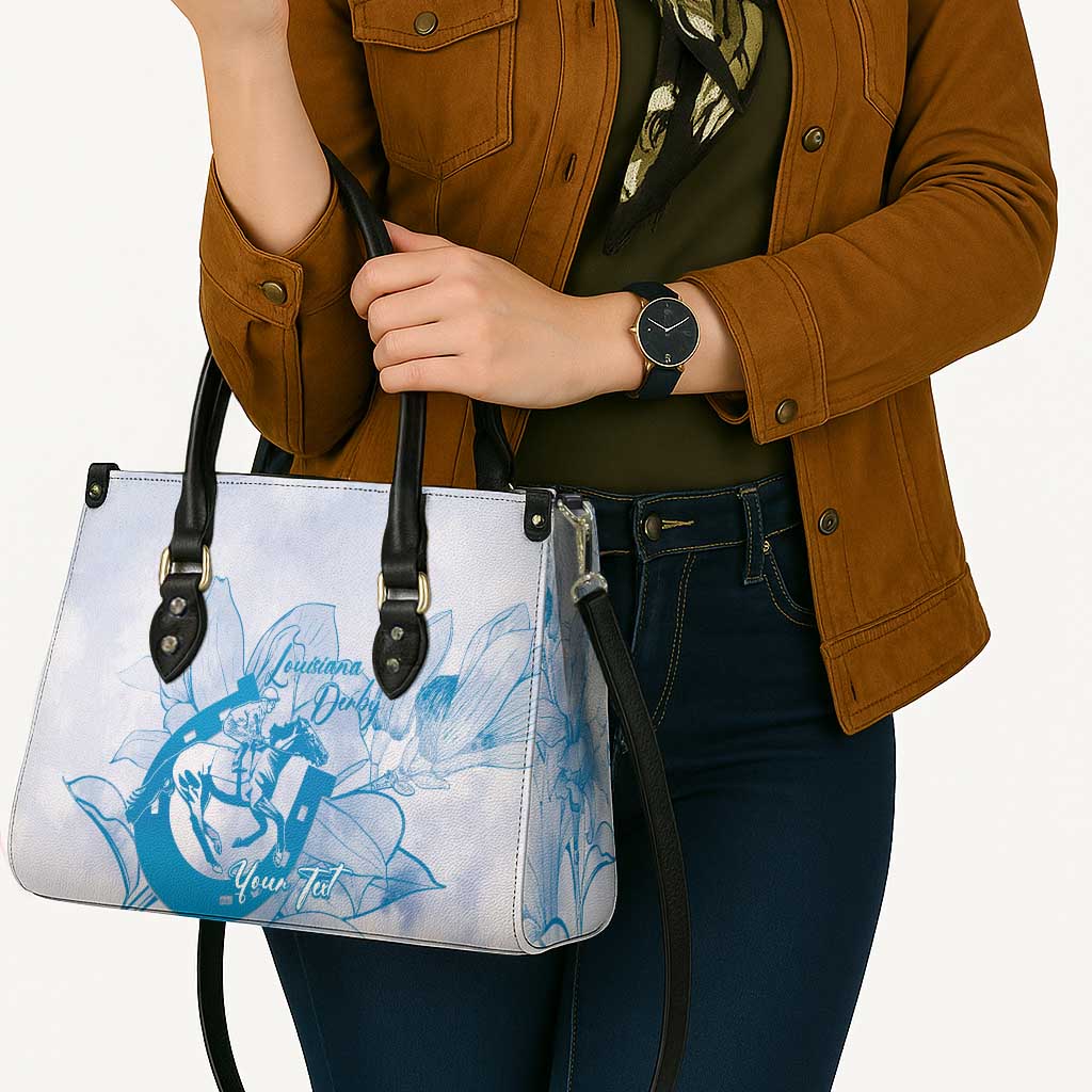 Personalized Louisiana Horse Racing Derby Leather Bag Magnolia Blossom Horseshoe Pastel Blue