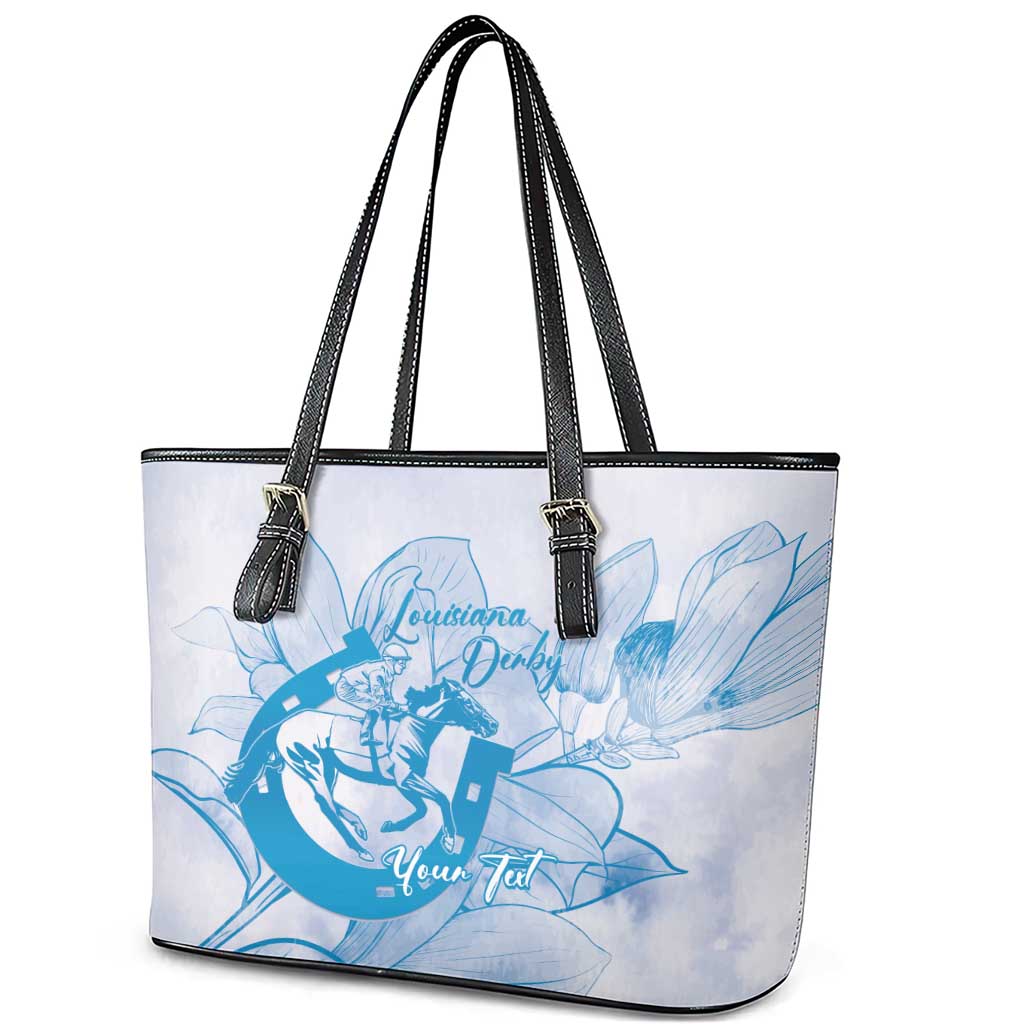 Personalized Louisiana Horse Racing Derby Leather Tote Bag Magnolia Blossom Horseshoe Pastel Blue