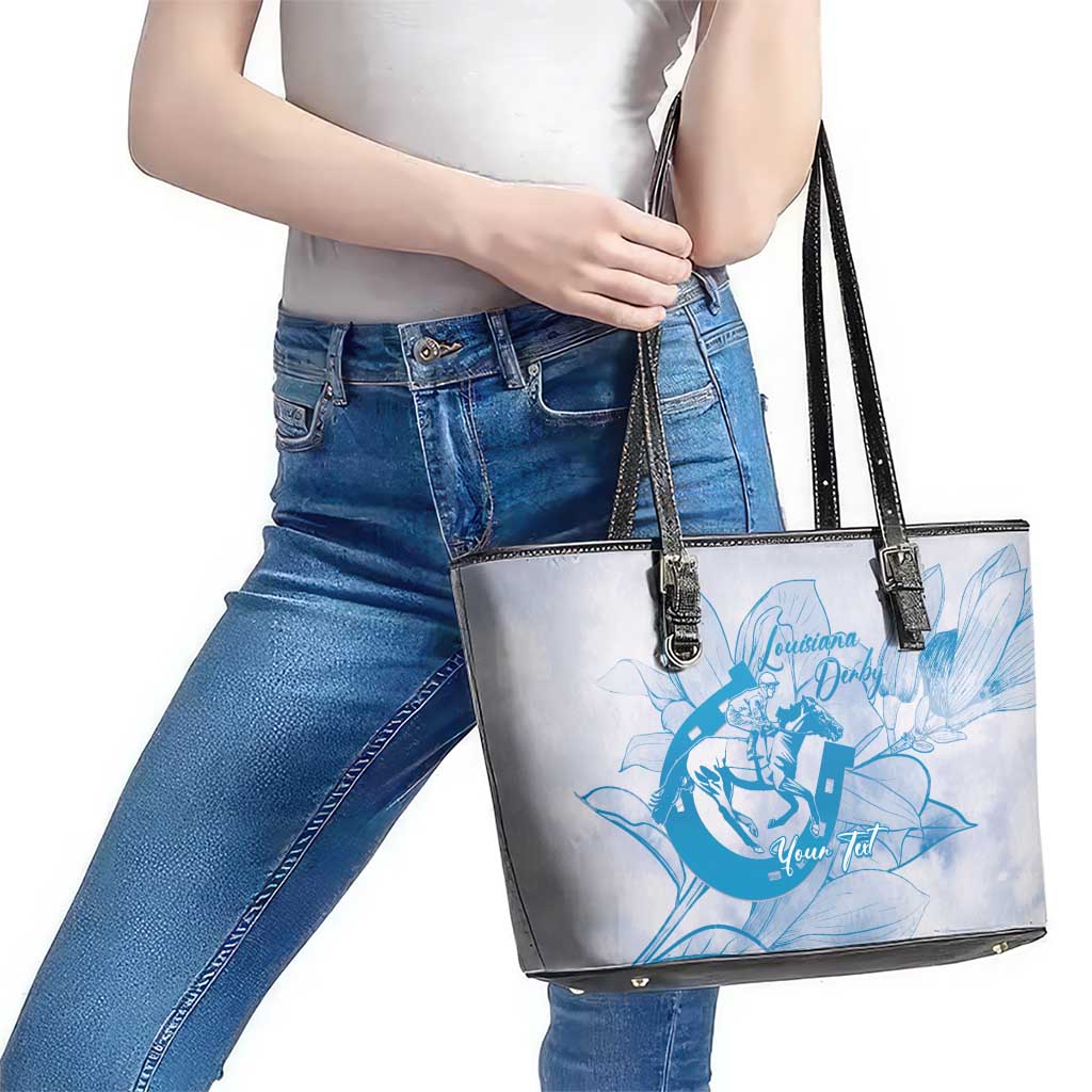Personalized Louisiana Horse Racing Derby Leather Tote Bag Magnolia Blossom Horseshoe Pastel Blue