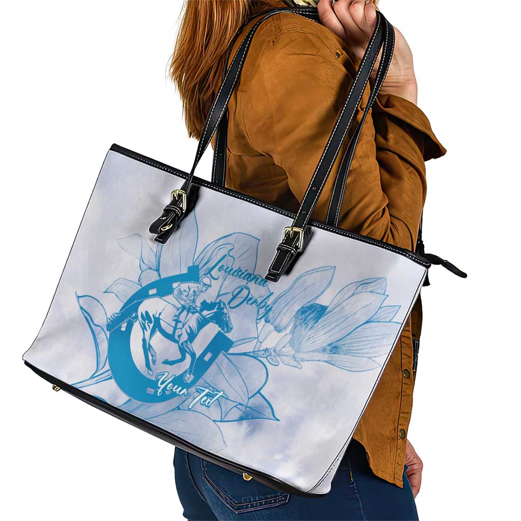 Personalized Louisiana Horse Racing Derby Leather Tote Bag Magnolia Blossom Horseshoe Pastel Blue