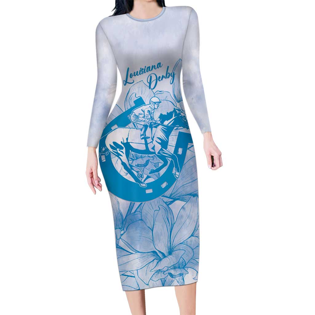 Personalized Louisiana Horse Racing Derby Long Sleeve Bodycon Dress Magnolia Blossom Horseshoe Pastel Blue