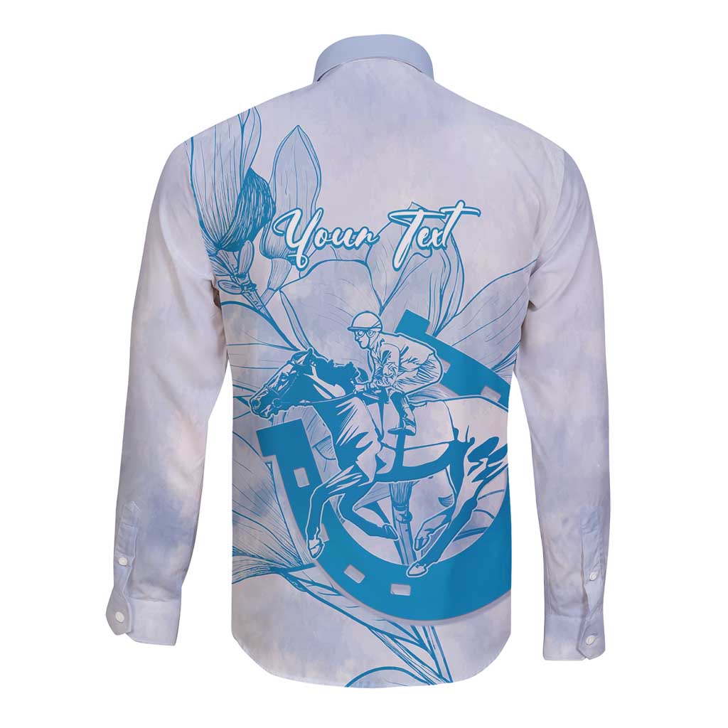 Personalized Louisiana Horse Racing Derby Long Sleeve Button Shirt Magnolia Blossom Horseshoe Pastel Blue
