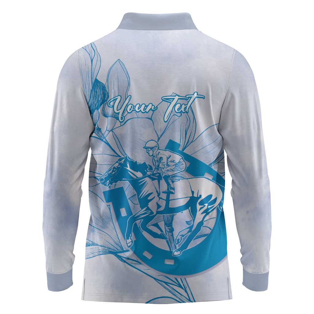 Personalized Louisiana Horse Racing Derby Long Sleeve Polo Shirt Magnolia Blossom Horseshoe Pastel Blue