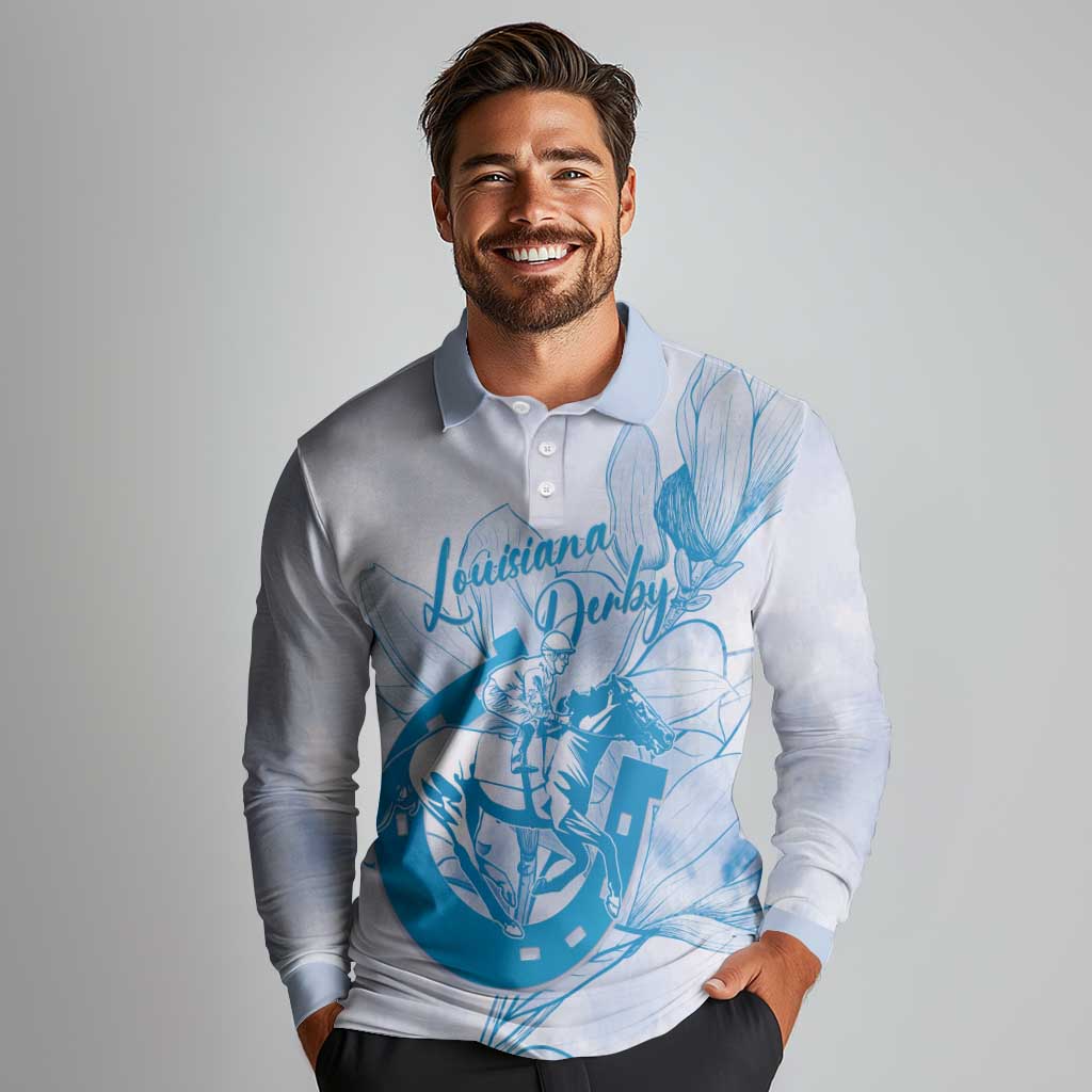 Personalized Louisiana Horse Racing Derby Long Sleeve Polo Shirt Magnolia Blossom Horseshoe Pastel Blue
