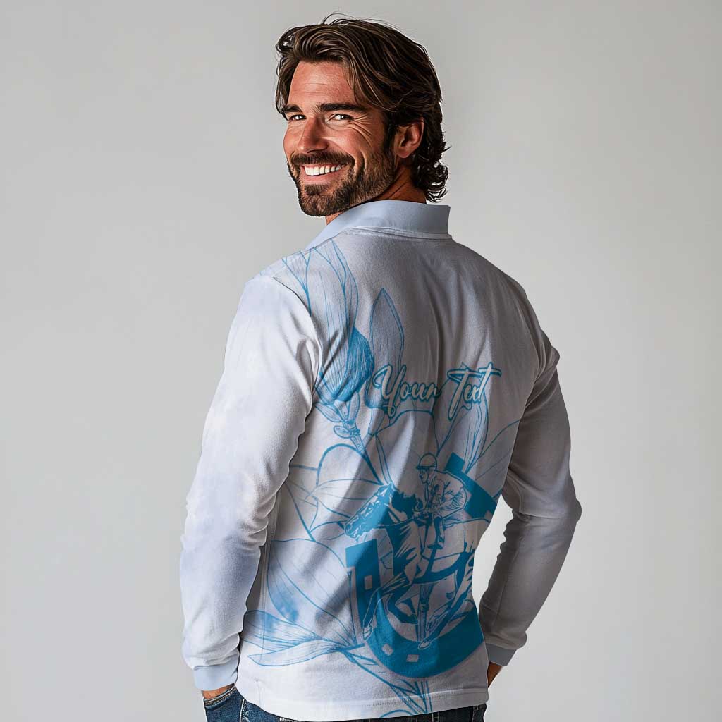 Personalized Louisiana Horse Racing Derby Long Sleeve Polo Shirt Magnolia Blossom Horseshoe Pastel Blue