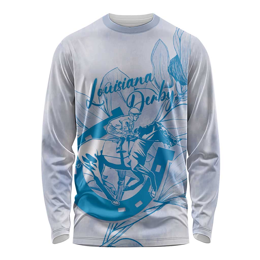 Personalized Louisiana Horse Racing Derby Long Sleeve Shirt Magnolia Blossom Horseshoe Pastel Blue