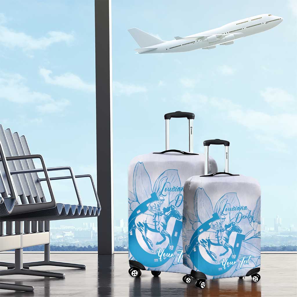 Personalized Louisiana Horse Racing Derby Luggage Cover Magnolia Blossom Horseshoe Pastel Blue