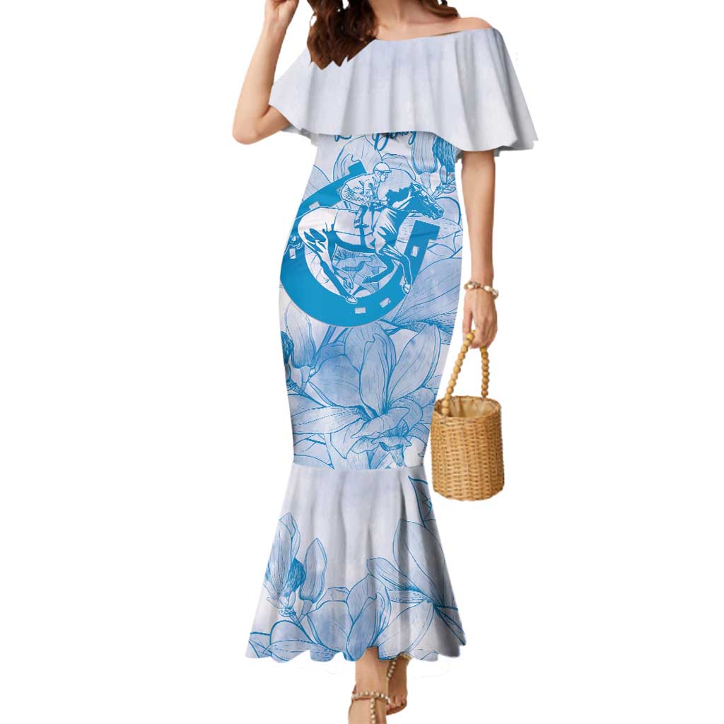 Personalized Louisiana Horse Racing Derby Mermaid Dress Magnolia Blossom Horseshoe Pastel Blue