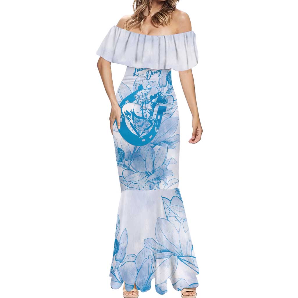 Personalized Louisiana Horse Racing Derby Mermaid Dress Magnolia Blossom Horseshoe Pastel Blue