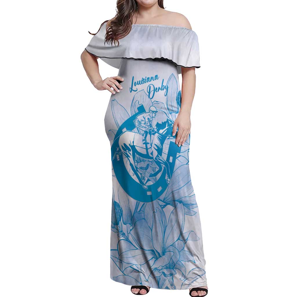 Personalized Louisiana Horse Racing Derby Off Shoulder Maxi Dress Magnolia Blossom Horseshoe Pastel Blue