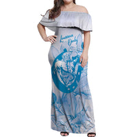 Personalized Louisiana Horse Racing Derby Off Shoulder Maxi Dress Magnolia Blossom Horseshoe Pastel Blue