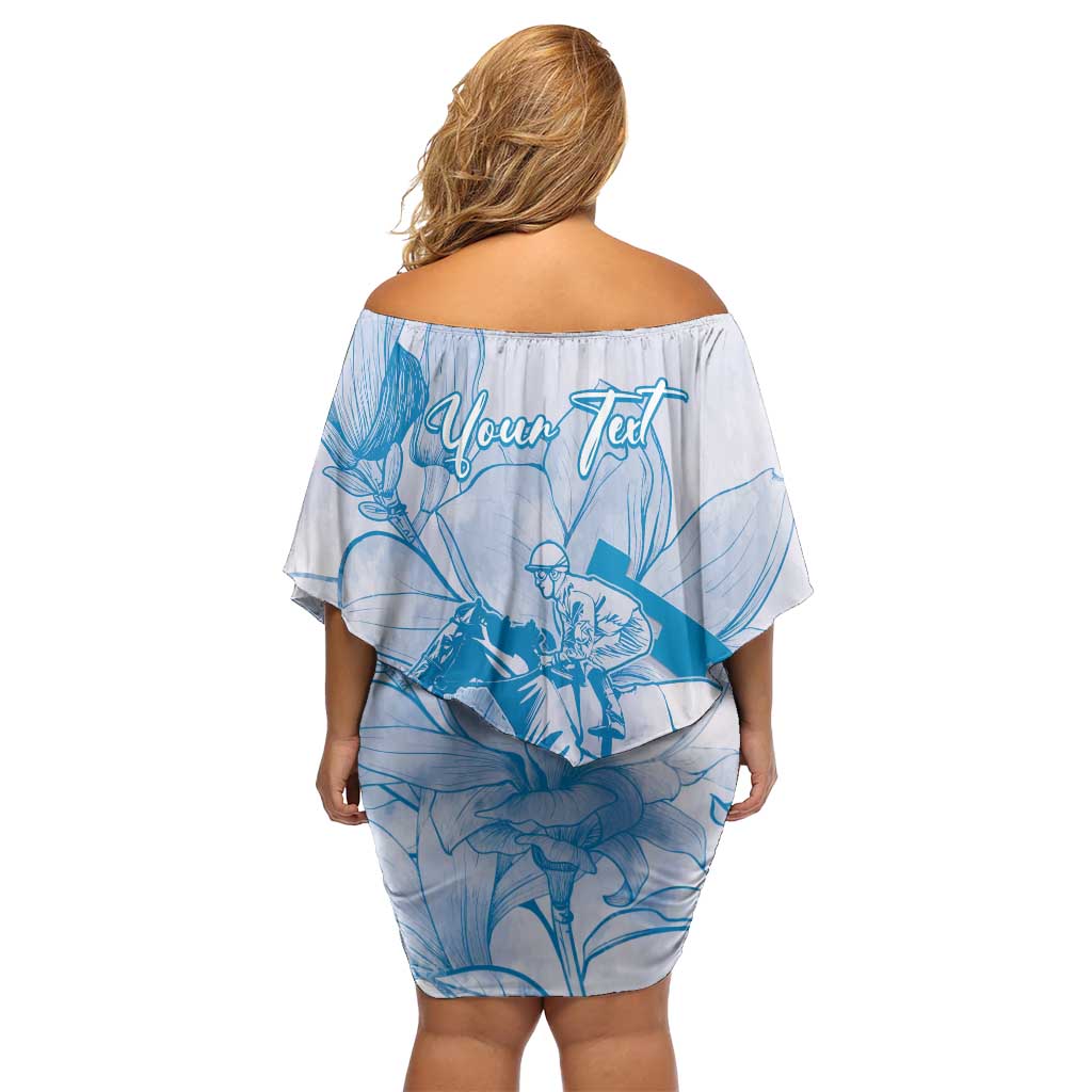 Personalized Louisiana Horse Racing Derby Off Shoulder Short Dress Magnolia Blossom Horseshoe Pastel Blue