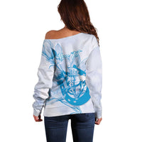 Personalized Louisiana Horse Racing Derby Off Shoulder Sweater Magnolia Blossom Horseshoe Pastel Blue