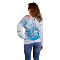 Personalized Louisiana Horse Racing Derby Off Shoulder Sweater Magnolia Blossom Horseshoe Pastel Blue