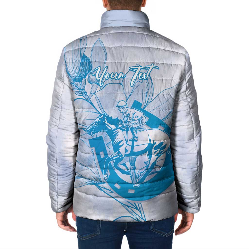 Personalized Louisiana Horse Racing Derby Padded Jacket Magnolia Blossom Horseshoe Pastel Blue