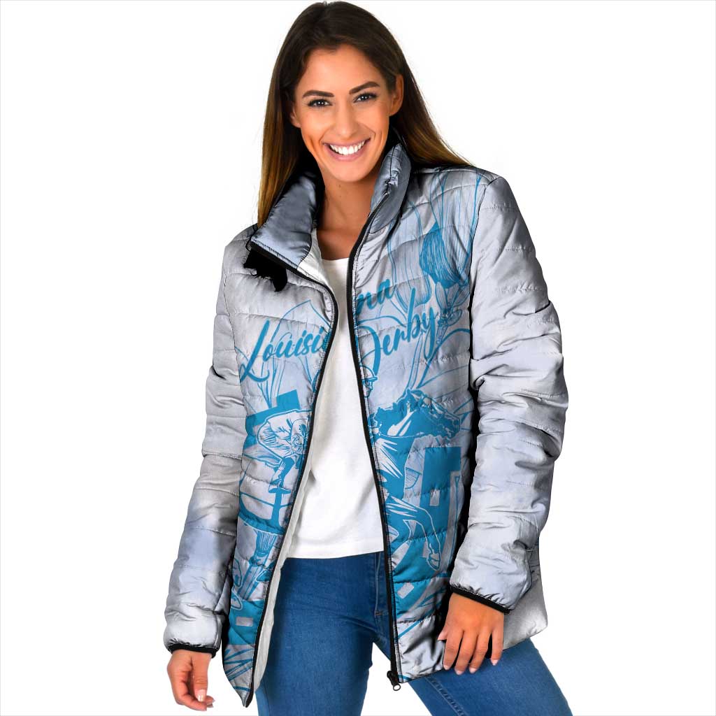 Personalized Louisiana Horse Racing Derby Padded Jacket Magnolia Blossom Horseshoe Pastel Blue