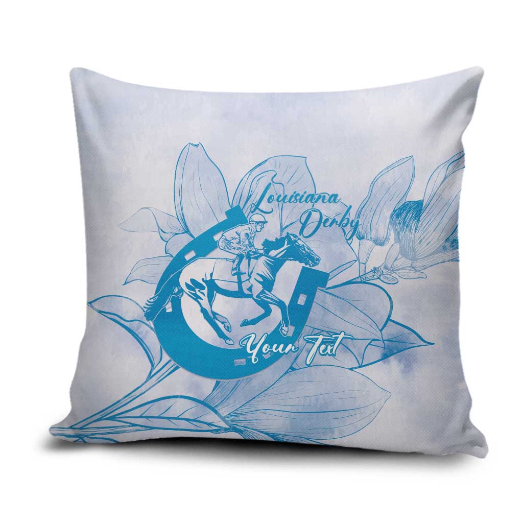 Personalized Louisiana Horse Racing Derby Pillow Cover Magnolia Blossom Horseshoe Pastel Blue