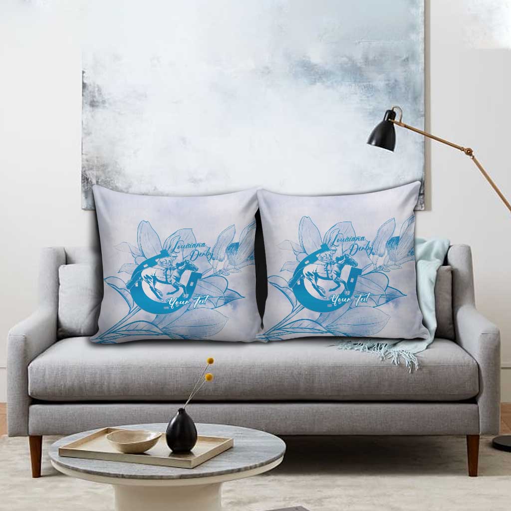 Personalized Louisiana Horse Racing Derby Pillow Cover Magnolia Blossom Horseshoe Pastel Blue