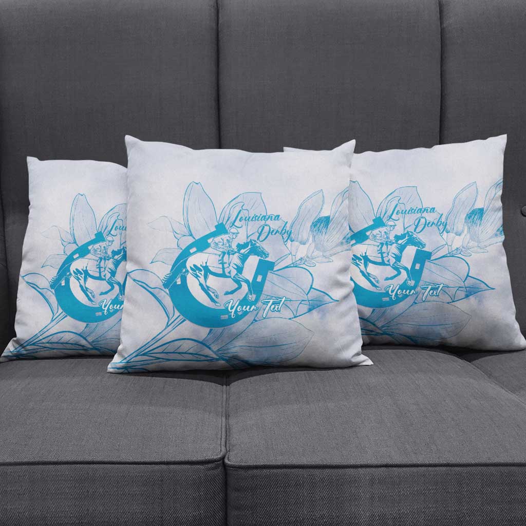 Personalized Louisiana Horse Racing Derby Pillow Cover Magnolia Blossom Horseshoe Pastel Blue