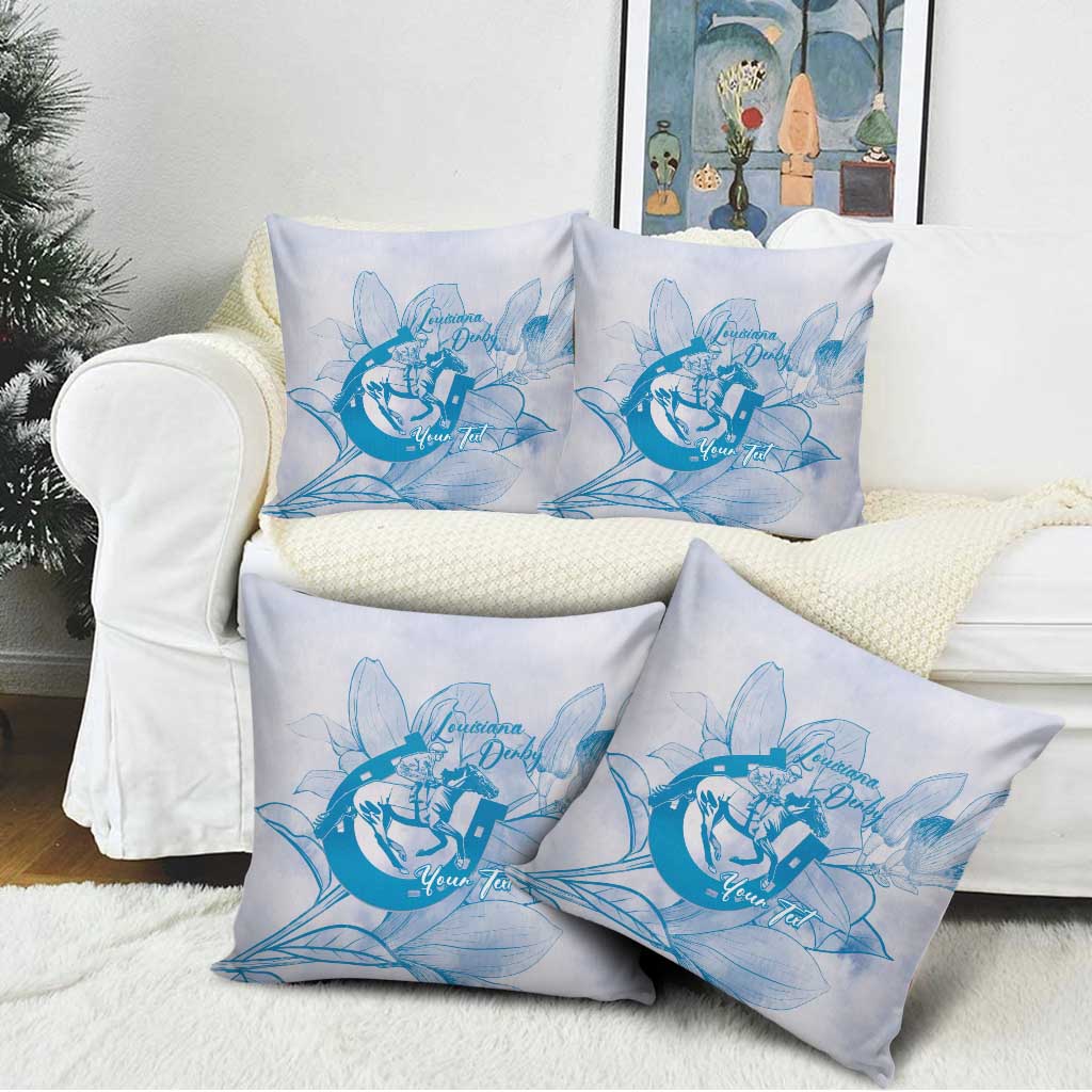 Personalized Louisiana Horse Racing Derby Pillow Cover Magnolia Blossom Horseshoe Pastel Blue
